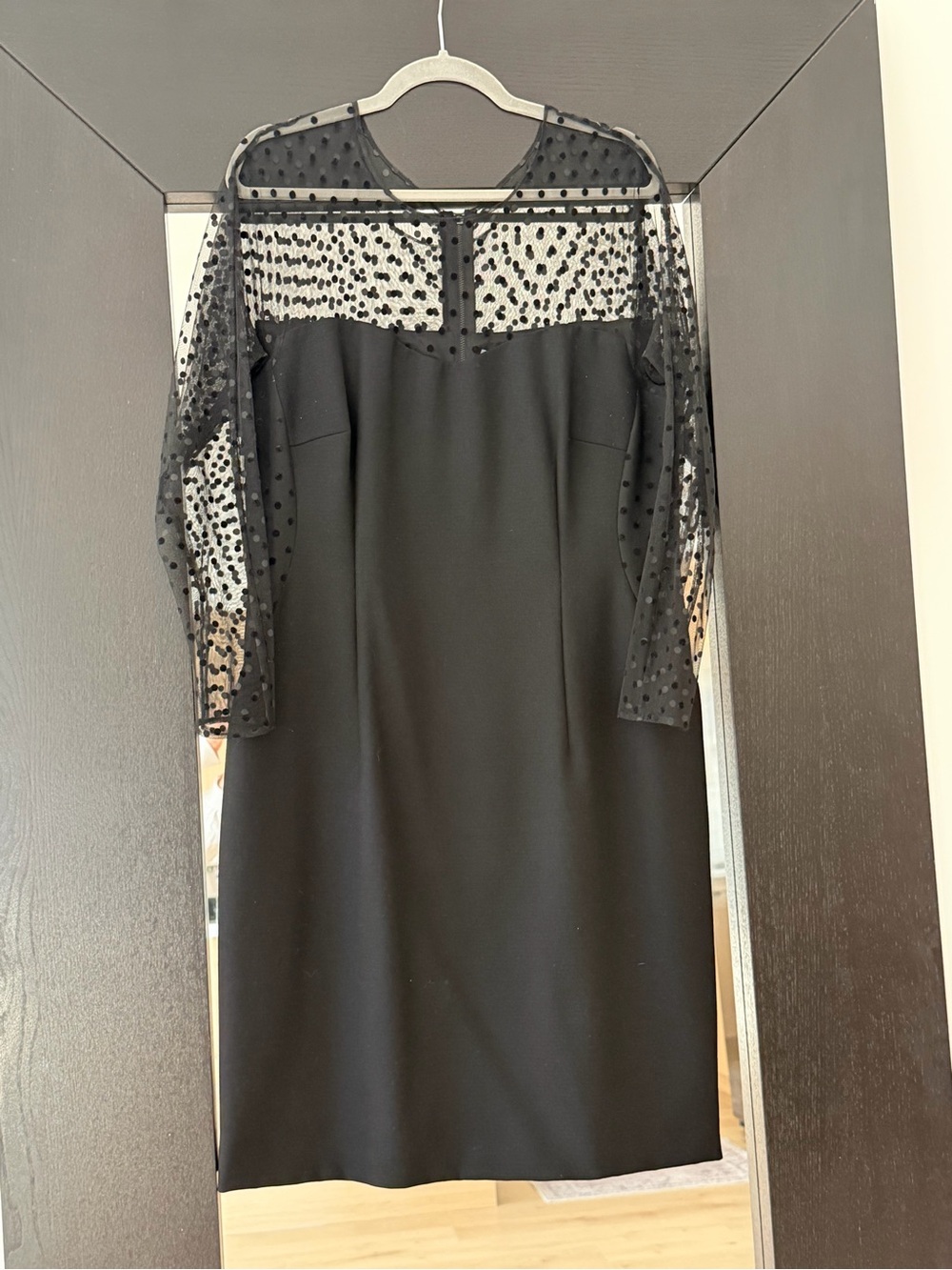 ANTONIO MELANI Black Polka Dot Mesh Yoke Long Sleeve Sheath Dress